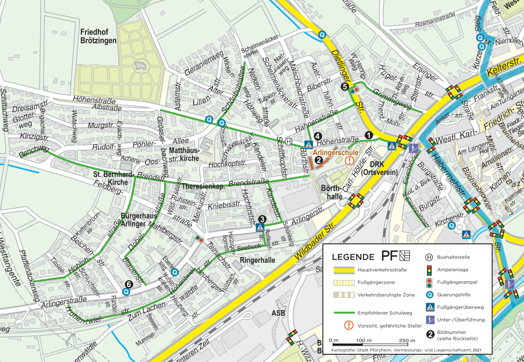 Das Bild zeigt eine Karte des Stadtbereichts Arlingen in Pforzheim mit Markierung der Arlingerschule. Die empfohlene Schulwege sind dabei in der Karte mit einer grünen Markierung in der Straße hervorgehoben.