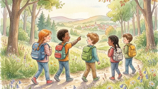 Eine Gruppe von fünf Kindern mit bunten Rucksäcken wandert auf einem Pfad durch den Wald.
