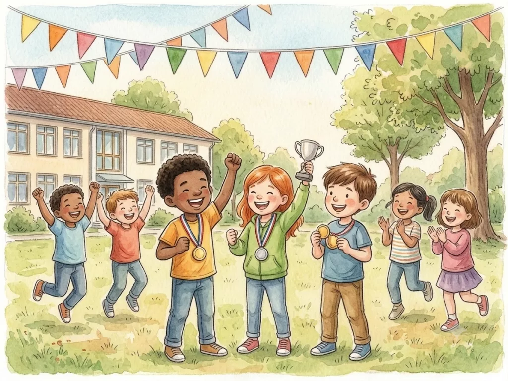 Eine Gruppe fröhlicher Kinder feiert mit Medaillen und einem Pokal auf einem Schulhof unter Wimpelketten.