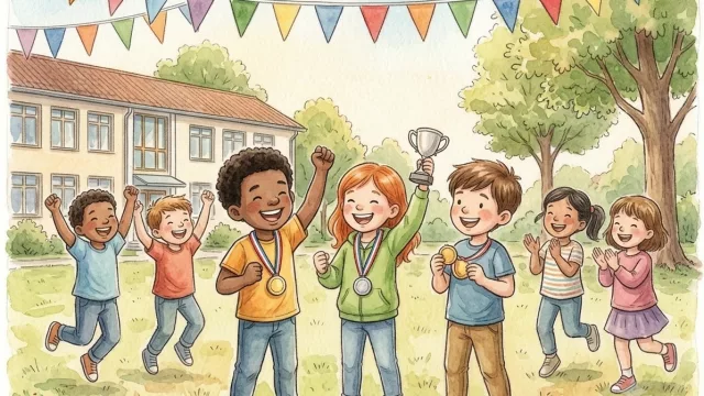 Eine Gruppe fröhlicher Kinder feiert mit Medaillen und einem Pokal auf einem Schulhof unter Wimpelketten.